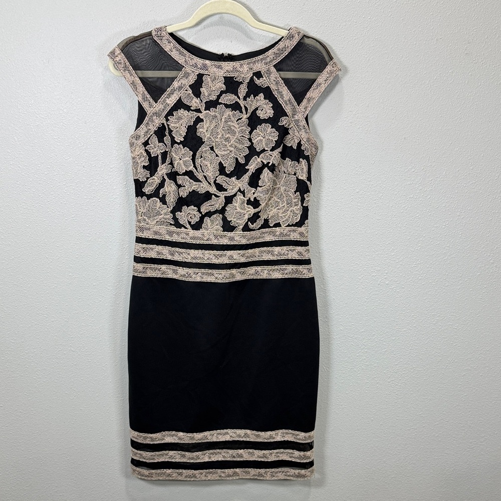 Tadashi Shoji embroidered scuba sheath dress illusion mesh panels